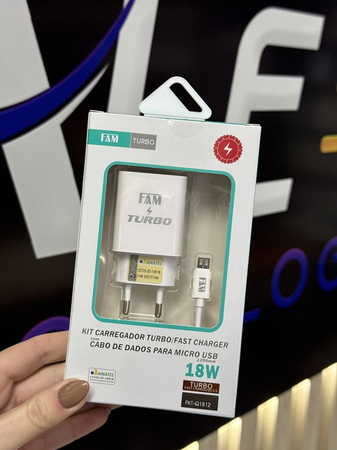 22008 KIT CARREGADOR   CABO V8 1 USB 3A FKT-Q1812 TURBO FAM